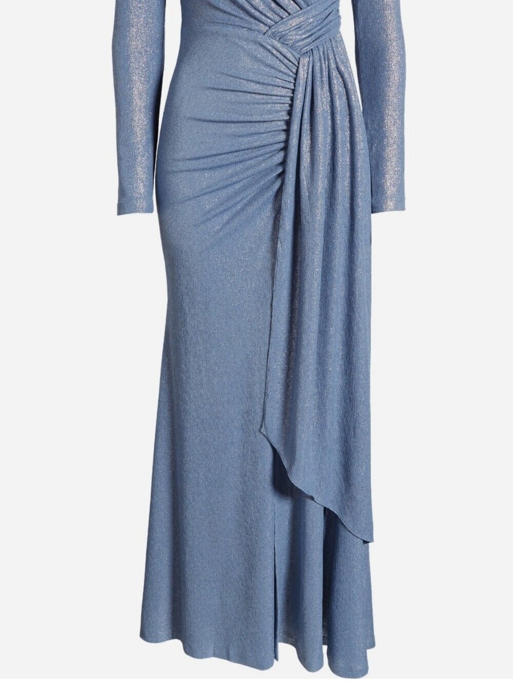 Vince Camuto NWT Blue Metallic Side Drape Long Sleeve Gown Sz 6 Silvery-Blue